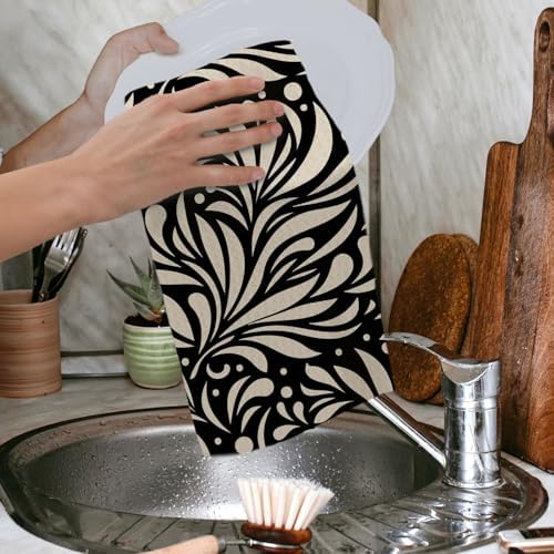 Abstract Black and White Kitchen Towels, Art Deco Nouveau Floral Dish Tea Towels - Image 4