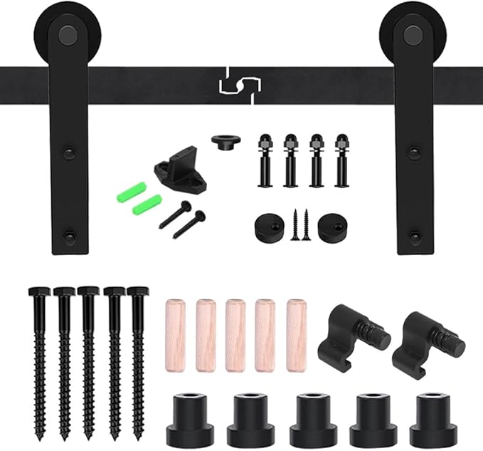 CCJH 14.5FT Single Sliding Barn Door Hardware Kit Black Carbon Steel Hanger Flat Track System for Closet Kitchen 1 Door 87 inch Wide, Smoothly and Quietly I Shape Roller