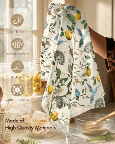 Miss Adola 150GSM Flour Sack Kitchen Towels Set of 2, Lemon Birds - Image 3
