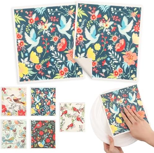 wlich 5 Pack Swedish Dishcloths, Reusable Kitchen Towels, Birds Flowers - Image 2