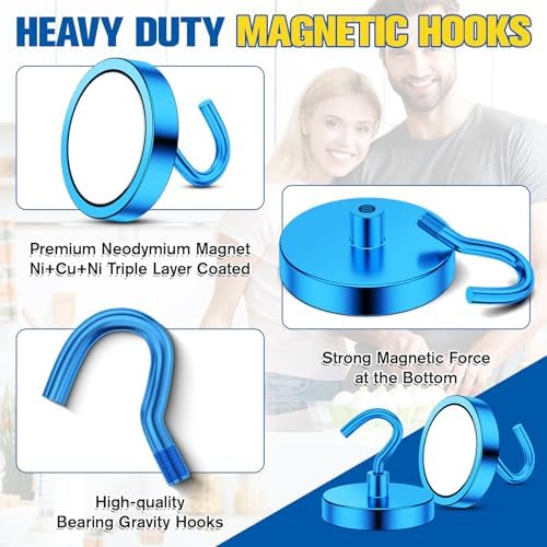 Grtard 4 Pcs Blue Magnetic Hooks Heavy Duty, 120 LBS Strong Magnet Hooks - Image 2