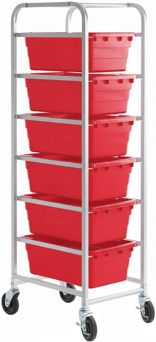 19"x26"x69" Mobile Aluminum Lug Rack with 6 Red Meat Lugs/Tote Boxes - NSF Heavy-Duty Commercial Portable Storage Cart with 5" Casters, 400 lb., Food Prep and Dishroom Durable Utility Rack
