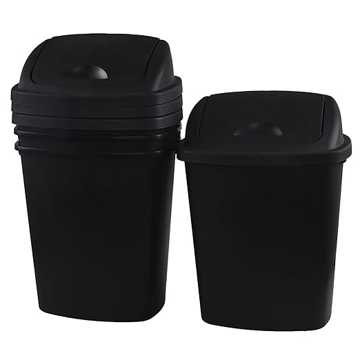 7 Gallon Plastic Kitchen Garbage Can, Black Trash Can with Swing Lid, 4 Pack
