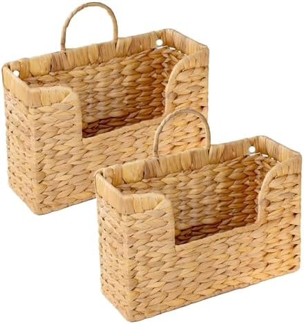 Set of 2 Magazine Holder Wall Basket Water Hyacinth Woven Mail Organizer by PINXIURY