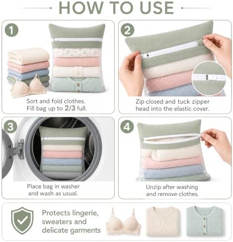 Green 5-piece set in bags, durable cotton mesh laundry bags, sturdy zipper - Image 7