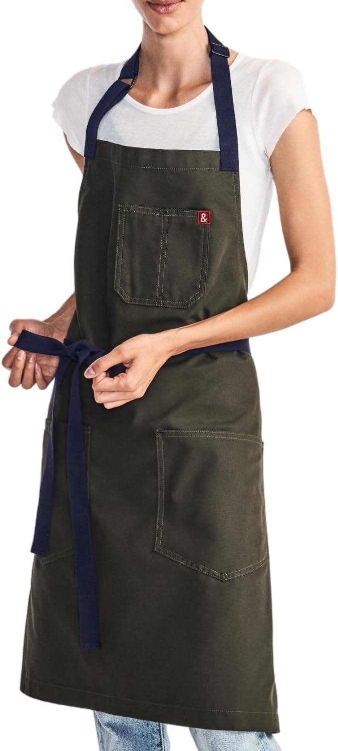 hedley & bennett Essential Apron - Lightweight Cotton Canvas Kitchen Apron with Pockets & Towel Loop - Professional Chef Workwear for Baking & Cooking - Olive