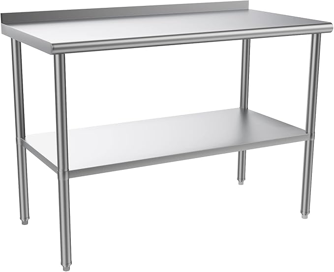 ROVSUN 48'' x 24'' Stainless Steel Table for Prep & Work,Commercial Worktables & Workstations, NSF Heavy Dut Metal Table with Adjustable UnderShelf & Backsplash for Kitchen,Restaurant,Home,Hotel