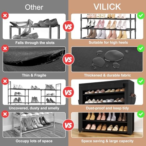 VILICK Shoe Rack with Cover Narrow Shoe Organizer with Pockets 10 Tier Tall - Image 5