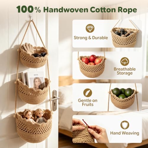 3 Tier Hanging Fruit Basket, Boho Cotton Rope Wall Mounted Produce Holder - Image 2