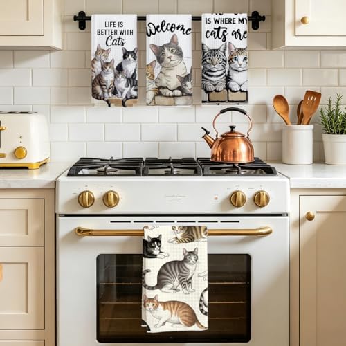 4 Pcs Cute Cat Kitchen Towels 24x14 Inch, Cats Gifts Absorbent Hand Towels - Image 5