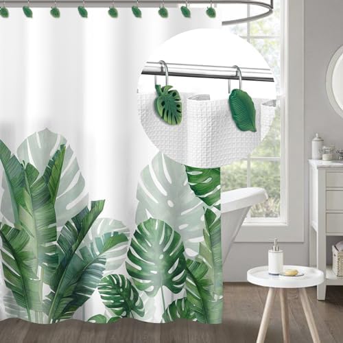 Tropical Leaf Decorative Shower Curtain Hooks Green Botanical Shower Curtain - Image 4