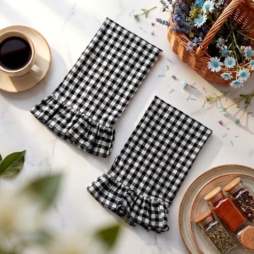 HunnmingRe 2 Pcs Matte Black Gingham Kitchen Towels Cotton Ruffled - Image 3