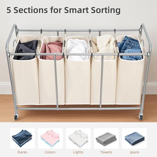 STORAGE MANIAC 5 Section Laundry Sorter, 5 Bins Rolling Separator Laundry Basket - Image 5