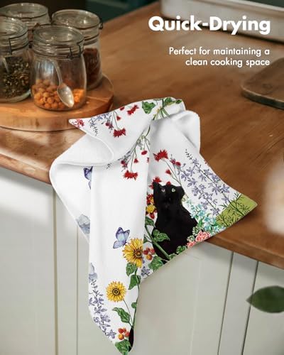 Miss Adola 2pcs Cotton Waffle Kitchen Towels, Cat in Flowers - Image 2