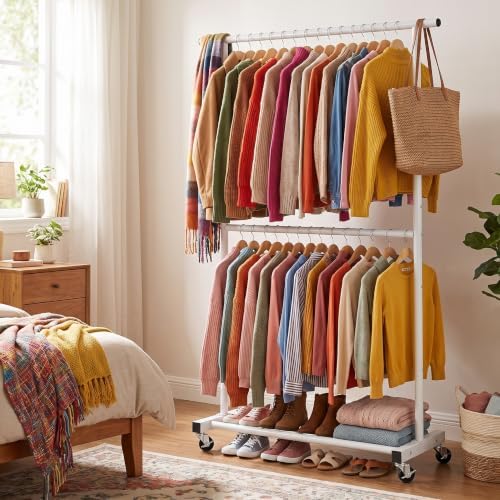 Sywhitta Double Rod Metal Clothing Garment Rack on Wheels - Image 6