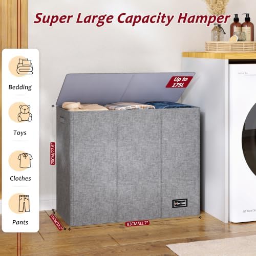175L Laundry Hamper 3 Section, Large Laundry Hamper - Image 2