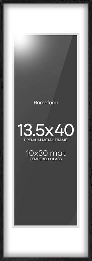 Homeforia 13.5x40 Black Wood Picture Frame, High End Oak 13.5x40 Panoramic Poster Frames with Mat 10x30 Art, 13.5 x 40 Wooden Frame Matted to 10 x 30, 40x13.5 Frame, Tempered Glass, Wall Kit, Set of 1