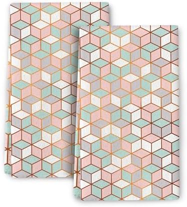 Pink Green Geometric Kitchen Towels Decorative Set of 2 Tea Towels by Wovoto