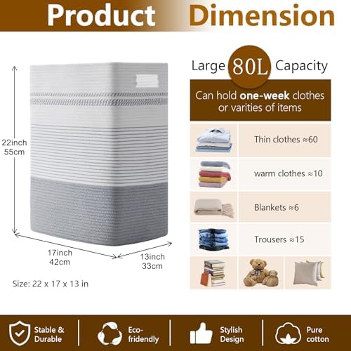 80L Large Cotton Rope Laundry Basket - Image 5
