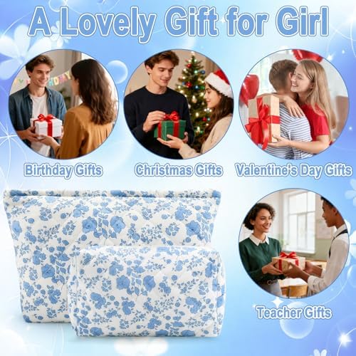 2Pcs Small Makeup Bag Quilted Cosmetic Bag Flower Pencil Case Travel Makeup Bag - Image 7