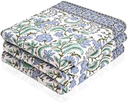 Ridhi Columbia Blue Hand Block Print 100% Cotton Kitchen Towels, 16x28 Inch by Ridhi