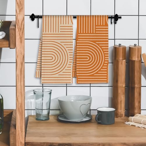 Abstract Boho Orange Kitchen Towels, Minimalist Contemporary Dish Tea Towels - Image 2