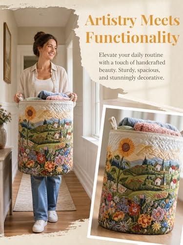 Quilted Laundry Basket with Handles, Boho Floral Quilted Storage Hamper - Image 2
