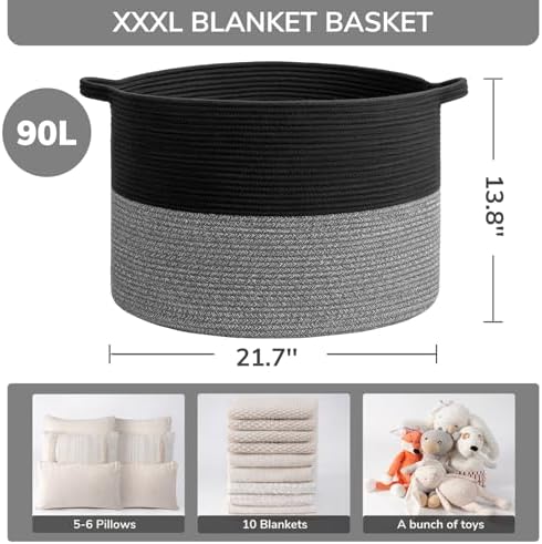 INDRESSME XXXLarge Woven Rope Blanket Basket Living Room Black Grey - Image 3