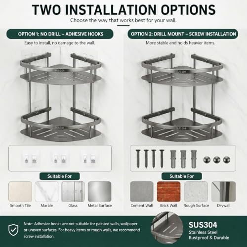 Corner Shower Caddy, 201 Stainless Steel Bathroom Shelf Organizer, Wall Mounted - Image 6