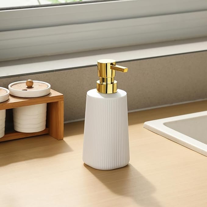 YAUKPH Small Soap Dispenser for Bathroom and Kitchen Matte White and Gold | - Image 5