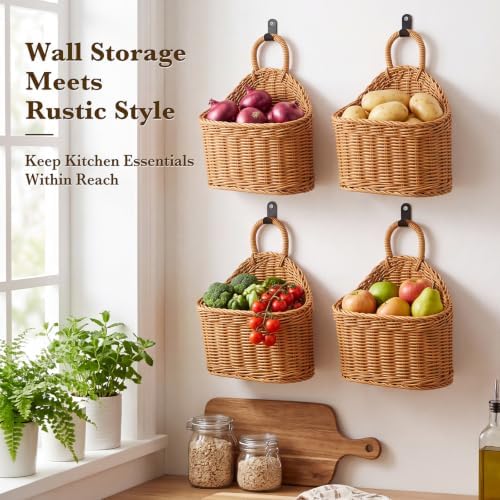 4 Pcs Hanging Wicker Baskets for Wall, - Image 2