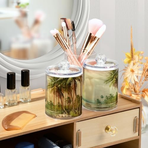 2 Pack Apothecary Jars Bathroom Vintage Palm Trees Qtip Holder Dispenser Clear - Image 6
