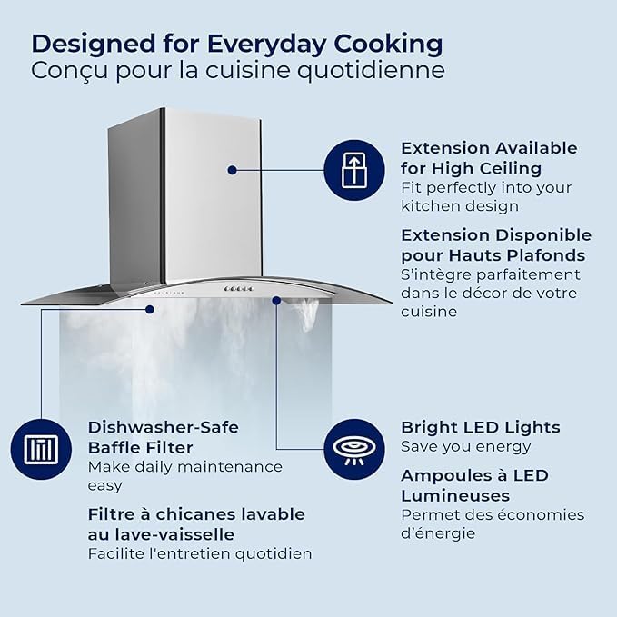 Hauslane Wall Mount Range Hood 36 Inch | European Canopy Design with Tempered Glass & Stainless Steel | 3-Speed,Dishwasher-Safe Filters | Ducted or Ductless with Charcoal Filters WM-600