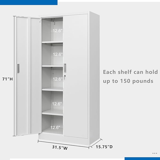 BESFUR Metal Storage Cabinets with Locking Doors and Adjustable Shelves, 71" H Steel Storage Cabinet for Garage, Office, Classroom - White