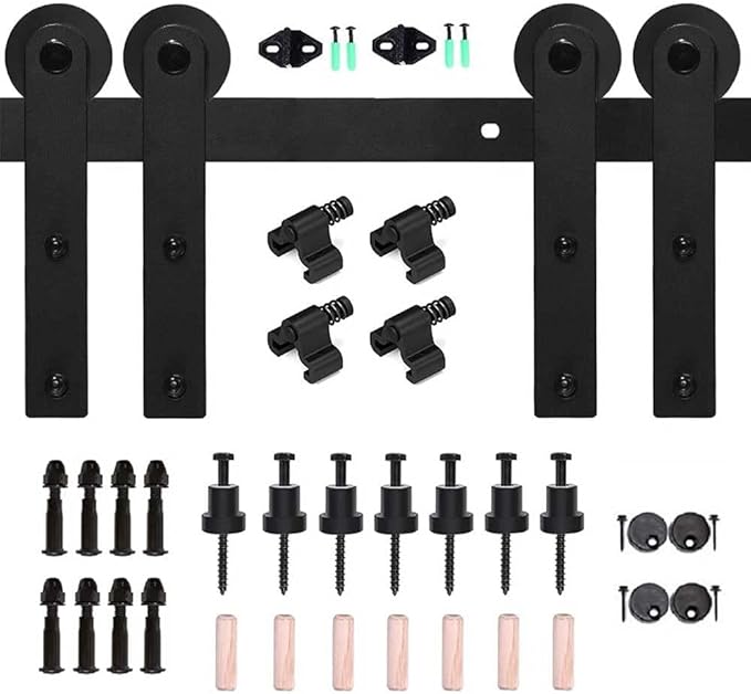 CCJH 15FT Sliding Barn Door Hardware Kit, Heavy Duty, Smoothly and Silently, Easy to Install, Fit 45" Width Double Door Panel, I Shaped Hangers Black