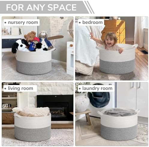 INDRESSME Large Woven Rope Blanket Basket Living Room Light Grey - Image 4
