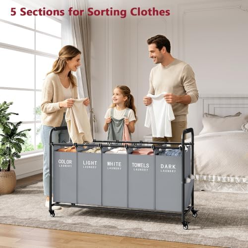 Tajsoon Laundry Sorter, 5 Section Laundry Hamper, Laundry Cart - Image 2