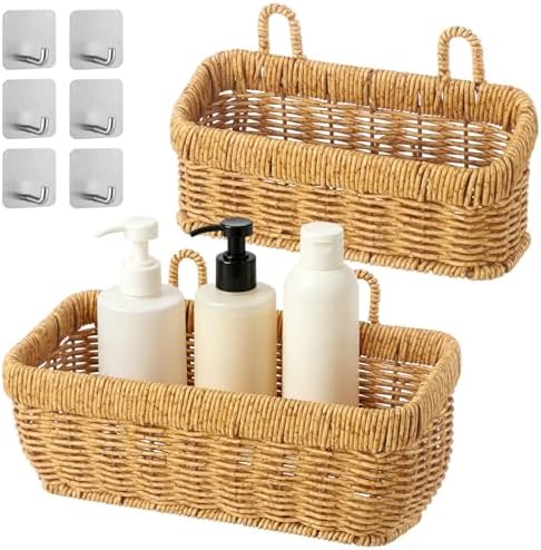 2 PCS Wall Hanging Baskets, Woven Storage Organizer Set, Rattan Style Shelf - Image 2