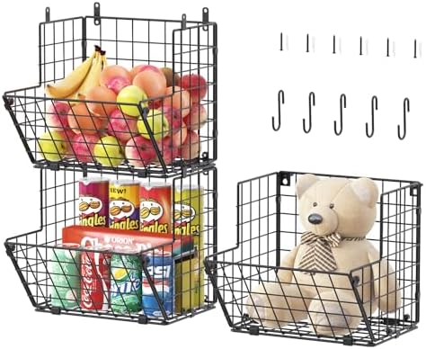 X-cosrack Metal Wire Basket Wall Mount, 3 Tier Wall Storage Organizer by X-cosrack