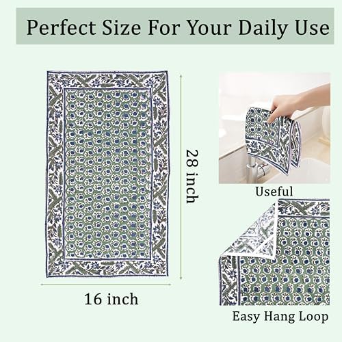 Ridhi Basil Green Hand Block Print 100% Cotton Kitchen Towels, 16x28 Inch - Image 3