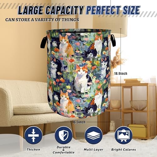 Watercolor Cats Laundry Hamper Oxford Cloth Basket 18.9"x16.5" - Image 3