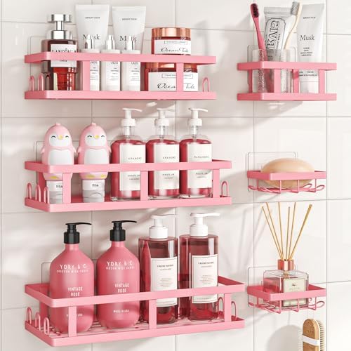 Youvip Pink Shower Caddy 6 Pack, Adhesive Shower Shelves by YOUVIP