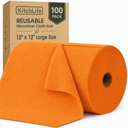 Microfiber Cleaning Cloth Roll, 100 Pack 12 x 12 Inch Tear Away Reusable Paper by OverDoorHooksKitchenSupplies