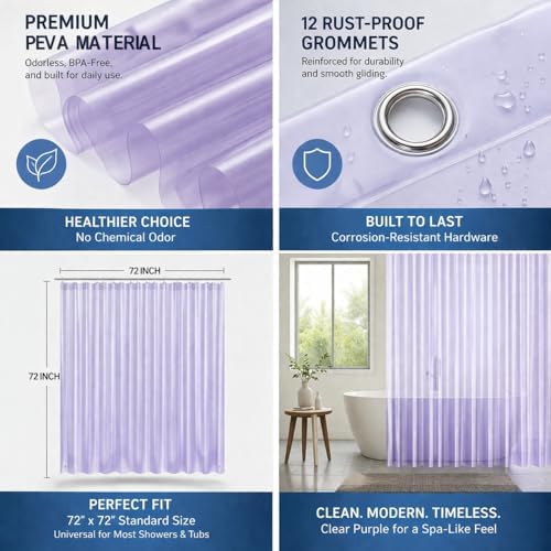 EHZNZIE Purple Shower Curtain Liner 72x72, PEVA Waterproof Bath Curtain - Image 3