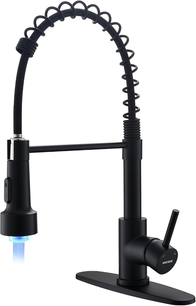 WEWE LED Kitchen Faucet, 2-Mode Sprayer, Matte Black, High Arc | 17-Inch Height by WEWE