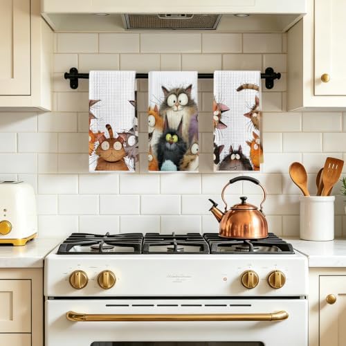 3 Pcs Cute Cat Kitchen Towels, Funny Cats Gifts Absorbent Hand Towels-02 - Image 5