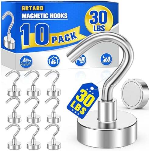 Grtard 10 Pack Silver Magnetic Hooks Heavy Duty, 30LBS Strong Magnet Hooks by Grtard
