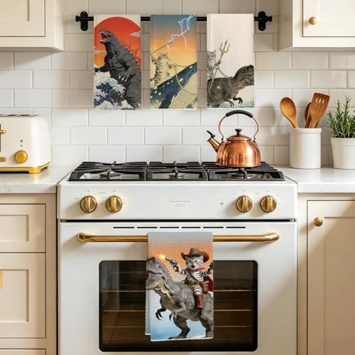 4 Pcs Funny Cat Kitchen Towels, Godzilla Japanese Cats Gifts Hand Towel - Image 5