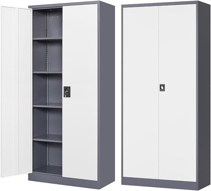 Metal Storage Cabinet-72” Tall Steel File Cabinets with Lockable Doors and Adjustable Shelves-White&Gray Steel Storage Cabinet for Home Kitchen, Office, Garage
