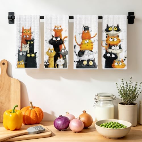 4 Pcs Cute Cat Kitchen Towels, Funny Cats Gifts Absorbent Hand Towels-05 - Image 4